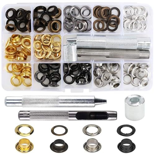 Luabue 203pcs Trousse à Oeillets Métalliques Grommet Oeillet Couture 8mm Oeillet Metal Kit de Grommets Eyelets Outils de Réparation pour Vêtements Sac Cuir Toile Chaussure Bricolage - 4 Couleurs