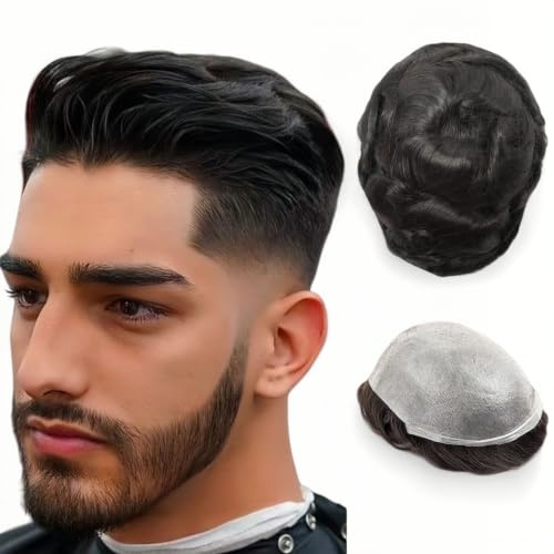 Herren-Toupet Echthaar Ultradünnes 0,03mm Hauttoupet für Männer Leichtes Haarteil mittlerer Dichte Basisgröße 8x10 Zoll 100% Echthaar-System für Männer （1B off Schwarz）
