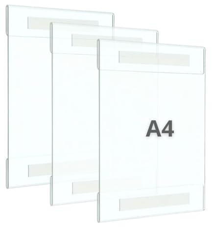 Espositore in metacrilato A4 da parete, confezione da 3 pezzi, supporto acrilico per poster A4 con nastro biadesivo porta documenti, cornice in acrilico, portafogli trasparente.