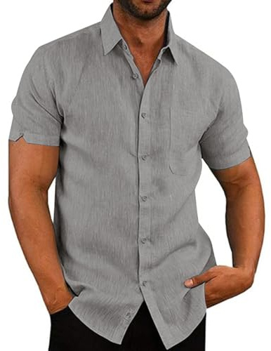 Hemd Herren Sommer Kurzarm Casual Urlaub Strandhemd Atmungsaktiv Sport Freizeithemd Männer Button Down Shirt (Grau, L)