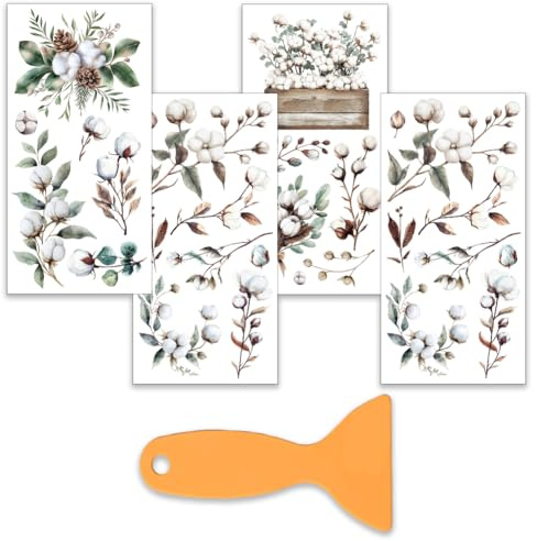 OLYCRAFT 4 Stück/Set Baumwollblumen Transferfolien Zum Aufreiben Für Möbel Und Kunsthandwerk 15x30cm Kleine Baumwoll Möbelaufkleber Transferaufkleber Zum Aufreiben Mit 1 Teiligem Schaber