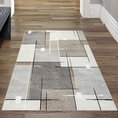 Teppich-Traum Kurzflor Teppich Geometrisches Muster Creme Grau 80x140 cm | Weich, pflegeleicht, formstabil, strapazierfähig, allergikerfreundlich, für Fußbodenheizung, Wohn- & Esszimmer
