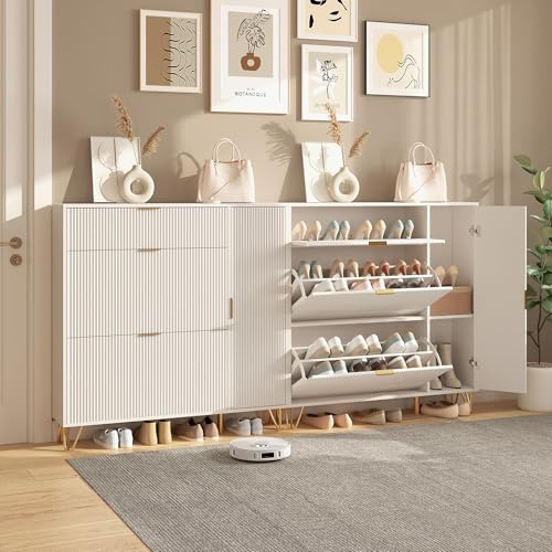 YGHQAP Schuhschrank, Schuhregal Schuhkipper Schmal, Schuhschrank Weiss Mit 2 Klappen, 3 Ablagen Und 2 Türen, Schuhablage Verstellbar, Schuhkommode Für Eingangsbereich Flur (Weiß, A)