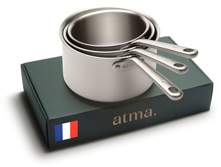Atma - Lot 3 Casseroles Inox 18/10-16/18/20 cm - Compatible Induction | 3 plis - Sans Revêtement Chimique - Graduation, Bords Verseurs - Tous Feux - Fabriquées en France - Sans PFAS, PFOA & PTFE