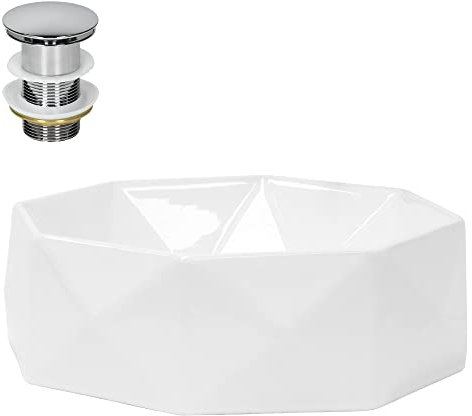 LuxeBath Waschbecken Keramik Weiß glänzend Ø420x135 mm mit Ablaufgarnitur Silber, Diamant Design modern, Aufsatzwaschbecken Aufsatzbecken Aufsatzwaschtisch Waschschale Waschplatz Badezimmer/Gäste-WC