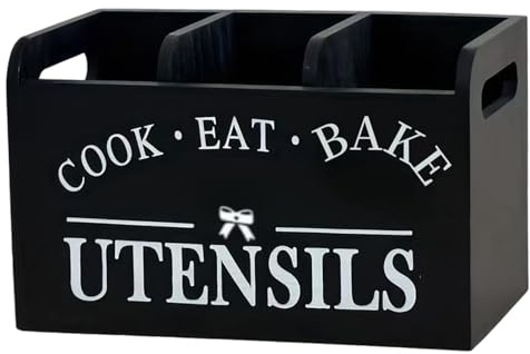 Porte-ustensiles de cuisine, porte-ustensiles Noire en bois avec 3 compartiments, organisateur de comptoir cuisine rustique avec poignée