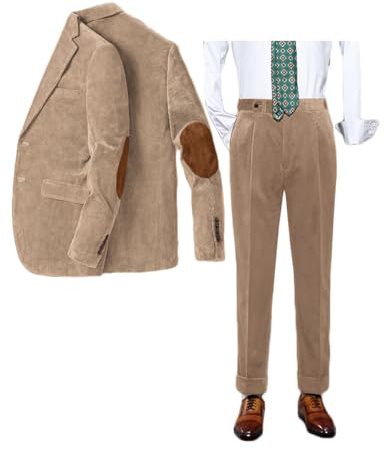Ellenbogen-Patch, 2-teilig, Jacke, Hose für Herren, Vintage-Kordsamt, zwei Knöpfe, Revers, Hochzeit, Sport, Mantel, Dusty Champagne, XL