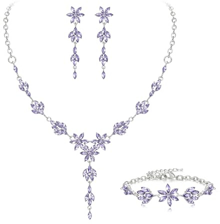 EVER FAITH Juego de joyas de boda para novia, dama de honor, diamantes de imitación, collar de flores, pendientes y pulsera para mujer, tono plateado claro, Cristal