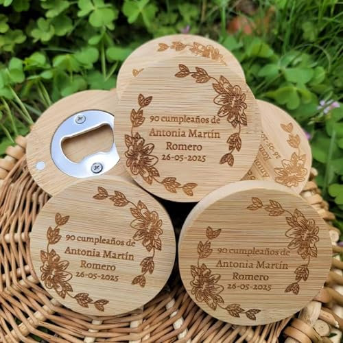 Apribottiglie Magnetico Rotondo In Legno Personalizzato, Con Logo Inciso, Nome E Data Personalizzati, Magnete Da Frigorifero In Legno, Souvenir Di Nozze, Compleanno, Natale(50PCS)
