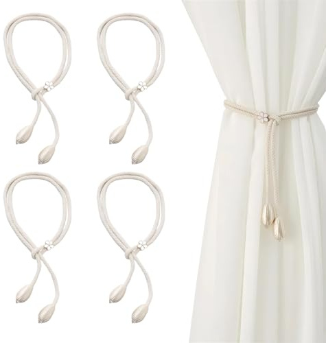 4pcs Embrasses de Rideaux, Embrasse pour Rideaux Grandes Perles, Design Tendance et Élégant, Embrasses à Rideaux Bohème, Cravates de Rideau Fait Main, Style Nordique, Longueur 100 cm, Couleur Beige