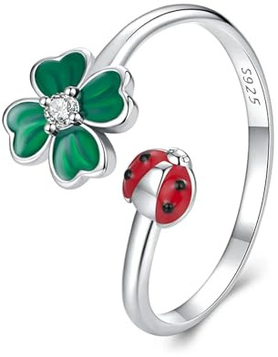 Bague Ouverte En Argent Sterling 925 Avec Trèfle À Quatre Feuilles Et Coccinelle Pour Femme, Bijou Porte-bonheur Tendance, Cadeau D'anniversaire Ou De Remise De Diplôme
