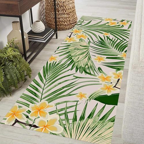LHOMKCV Plant Floral Runner Rugs for Kitchen, 80x300cm, Monstera Yellow Flowers Natural Runners Decor Rug, Entrance Low Pile Machine Washable Hallway Carpet for Bedside Bedroom