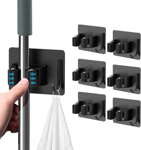 HOMEASY Mop Broom Holder, Stainless Steel Wall Mounted Rack, 6 Pcs, Black | 6 pcs self adhesive mop holders with hooks, waterproof stainless steel rack for bathroom, kitchen, garage and garden storage