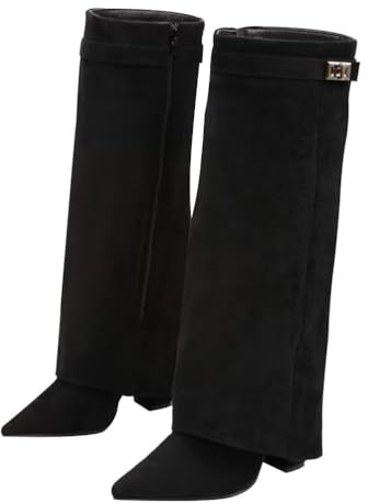ticticlily Bottes à Revers Femme Mollets Larges Bottines Hiver Cowboy Boots Hautes pour Bureau Mariages A Noir 39 EU