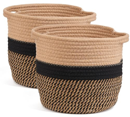 Tymar Übertopf Korb, Blumentopf geflochten, Pflanzenkorb Indoor, 2pack, Blumenübertopf (Schwarz mit Baumwolle, ø 20 cm)
