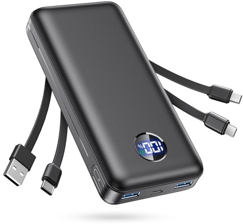 Power Bank, 26.800mAh Powerbank mit integrierten Kabeln, Externe Handy-Akkus mit 22.5-W-Schnellladefunktion, USB-C-Eingang & -Ausgang, PD 3.0 und QC 4.0. Kompatibel mit iPhone 17, 16 Samsung,Schwarz