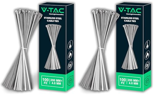 V-TAC Bridas de Acero Inoxidable para Cables – Medida 4,6 mm x 200 mm – 100 Unidades – Bridas Multiusos para Cableado – Sujeta Cables para Electricistas, Mecánicos, Tuberías de Hierro - Metalicas