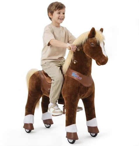 PonyCycle Y574 Ridande Leksak, för barn, med realistiska hästljud för 7 år, mekanisk skakande häst, modell Y, brun häst med hjul, födelsedagspresent för barn