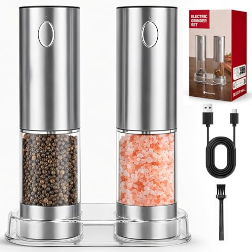 Electric Salt and Pepper Grinder Set Type-C Rechargeable Automatic Pepper Grinder, 95ml Large Capacity Stainless Steel Electric Mill Set with Adjustable Coarseness, One-Handed Operation for Kitchen