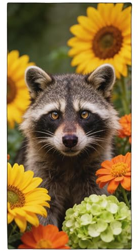 Violetpos Raccoon in Sunflowers & Hydrangeas Beach Towel, Extra Large 180x90 cm 250GSM Microfibre, Sand Free Quick Dry, Ideal Vacation Gifts with Carry Bag for Pool Cruise Camping