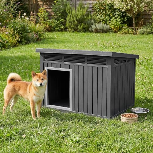 COSTWAY Hundehütte für Outdoor & Indoor, Hundehaus mit aufklappbarem Schrägdach, Entwässerungslöcher, Gasdruckfeder & Belüftungsöffnungen, Hunde Hütte für kleine & mittelgroße Hunde, 81 x 64 x 61 cm