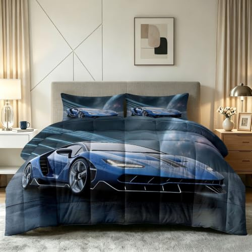 Generiskt täcke 200 x 220 cm 4 årstider – 3D rymden sommar täcke, tvättbar barnfilt utan överdrag – sportbil rymden stjärnhimmel – barnsängkläder med 2 örngott