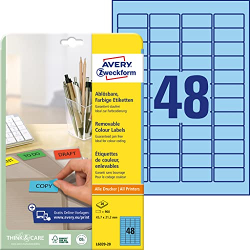 Avery L6039-20 Removable Mini Labels (45.7 x 21.2 mm Labels, 48 per A4 Sheet, 20 Sheets) for all printers - Blue