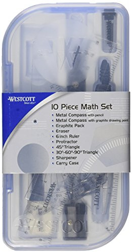 Westcott 10-Piece Math Set for Students, Includes 2 Compasses, Protractor & Ruler, Back to School, Classroom, School Supplies, Geometry Practice, Durable Storage Case