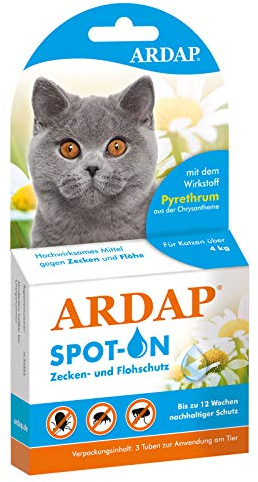 ARDAP Spot On für Katzen über 4kg - Natürlicher Wirkstoff - Zeckenmittel für Katzen, Flohmittel Katzen, Zeckenschutz Katze - 3 Tuben je 0,8ml - Bis zu 12 Wochen nachhaltiger Langzeitschutz (PT19)