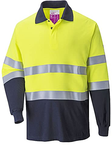 Portwest FR74 FR 2-Tone Polo Hemd Gerippte Strickbündchen Baumwolle Langarm | Gelb/Marine, 2XL, EN ISO 20471 Klasse 2, Flammresistenstes Reflexband, Sonnenschutz, EN ISO 11612