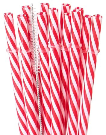 Dakoufish BPA Free 12 Piece 9 Inch Reusable Plastic Thick Drinking Straws for Mason Jar Rambler Small Stripe（9inch，Red）