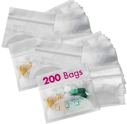 Lot de 200 pochettes à pilules - 7,6 x 7 cm - Sans BPA - Jetables - Avec fermeture éclair - Réutilisables - Transparentes et réutilisables - Avec étiquettes inscriptibles