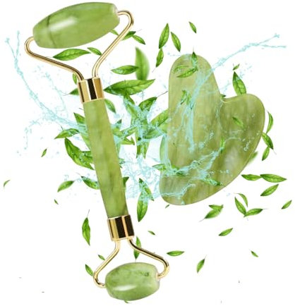 Rullo di Giada per il Viso, Gua Sha, Massaggiatore Lifting Viso e Corpo Jade roller Pietra per Lenire la Pelle Eliminare il Gonfiore degli Occhi Rilassante, Skincare Completo, Regalo di Natale