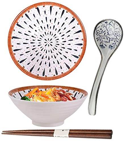 ZPPLD 8 Pulgadas Bol Grande para Ramen de Cerámica 1100 ml,Cuenco Japonés Cerámica Ramen,Cuchara y Palillos para Ramens,Fideos y Sopas,Apto para lavavajillas y microondas