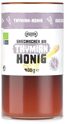Apsogo Bio Griechischer Thymianhonig - Reiner Honig aus Kreta, 400g | Sortenreiner griechischer Thymianhonig aus Kreta - ein kräftiger, flüssiger goldener Honig, köstlich im Tee oder auf Brot.