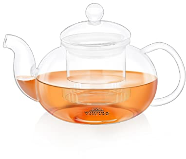 Wilmax | Teekanne Glas mit Siebeinsatz | Teapot | Teezubereiter für losen Tee | Glaskanne für Teeblumen | Kanne mit Deckel & Sieb aus Glas | Spülmaschinenfest | Tropffrei | Geschenkset | 770 ml