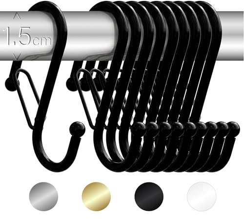 Blau Marité 10 Pack S Hooks for Hanging for Bars up to 0.6 Inch (1.5 cm) Diameter - Anti-Drop Hooks with Safety Buckle – Heavy-Duty for Kitchen & Bathroom – Black (Small)
