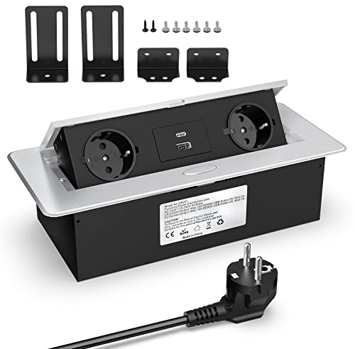 Ciabatta Multipresa da Scrivania a Scomparsa con USB C PD20W e 2 Prese, Multipresa Elettrica da Tavolo, Ciabatta Elettrica per Cucina Scrivania, 2500 W/10 A, Cavo da 1,8M