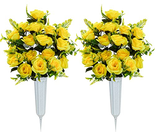 XONOR Artificial Cemetery Flowers with Vase, Set of 2 Artificial Rose Bouquet Graveyard Memorial Flowers for Cemetery Headstones Decoration (Yellow-2Pcs)