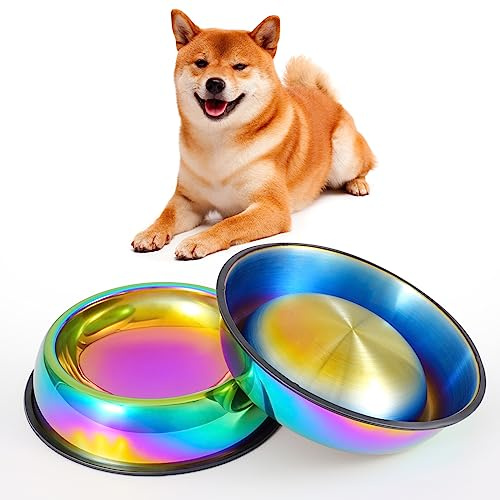 LEOWOW Rainbow Color Dog Bowl- Stainless Steel Water & Feeder Bowls for Small/Medium/Large Pet Cats/Dogs with Non-Skid Rubber Base 2 in 1 Slow Feed Bowl, 33.8 Oz /4 Cup/1000ml Each (Set of 2)