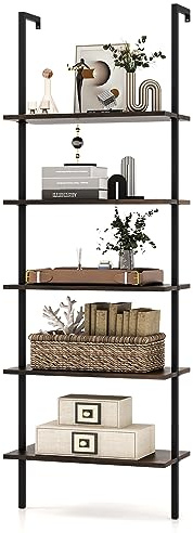 Tangkula 5-Tier Bookshelf, Modern Wall Mounted Ladder Shelf, 5 Tiers Wood Wall Open Bookcase with Metal Frame, Home Office Display Storage Shelves for Collection, Plant Flower Stand (1, Brown)
