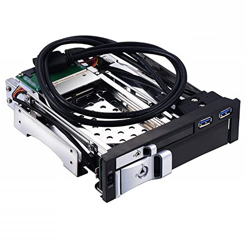 HUIOP - Carcasa de disco duro interna de doble ranura de 5,25 pulgadas, carcasa HDD/SSD de 2,5 + 3,5 pulgadas, diseño sin herramientas con 2 puertos USB3.0, cerraduras de seguridad, carcasa de