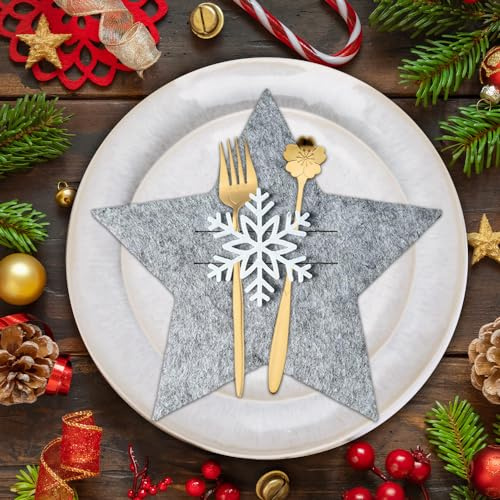 mizikuu Weihnachten Bestecktasche, 12 Stück Besteckhalter Weihnachten Filz Stern Besteckbeutel Schneeflocken Bestecktaschen Tischdeko, Gabeln Löffel Besteck Halter Weihnachtsdeko, Grau
