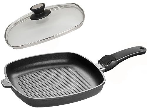 SKK 2-tlg. Grillpfanne 26x26 cm - ohne Induktion - eckige beschichtete Aluguss Bratpfanne Griff abnehmbar & Edelstahlrand-Deckel - Made in Germany
