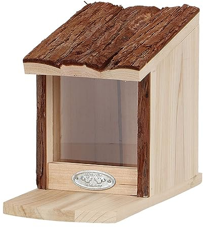Rivanto® Eichhörnchen Futterhaus mit Rindendach, 18 x 22 x 12 cm, Tannenholz, Nistkasten mit durchsichtiger Front zum Tiere beobachten, Futterstation
