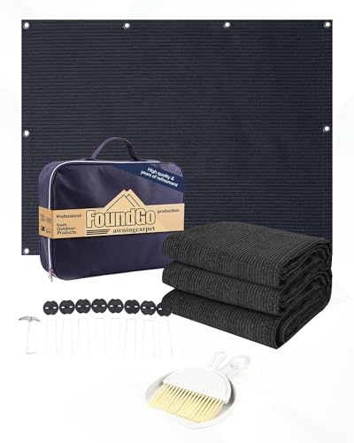 FoundGo Vorzeltteppich mit Ösen [280g/m² HDPE] Camping Teppich Outdoor Vorzeltboden inkl. Tragetasche Stahlnägel & Kleiner Besen Blau/Grau