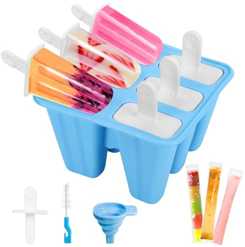 Eisformen Eis am Stiel, Eisformen Silikon BPA Frei mit 30 Wassereis Tüten & Reinigungsbürste & Faltbarer Trichter, 6 Popsicle Formen für Kinder,Erwachsene