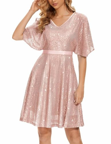 Wedtrend Pailletten Kleid Damen Cocktailkleid Damen Knielang Sexy Sommerkleid WTS6003 Rosegold L