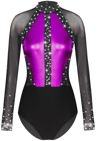 iEFiEL Turnanzug für Damen Langarm Gymnastikbody mit Strass Patchwork Metallic Tanzbody Ballett Trikotanzug Wettbewerb Leotards