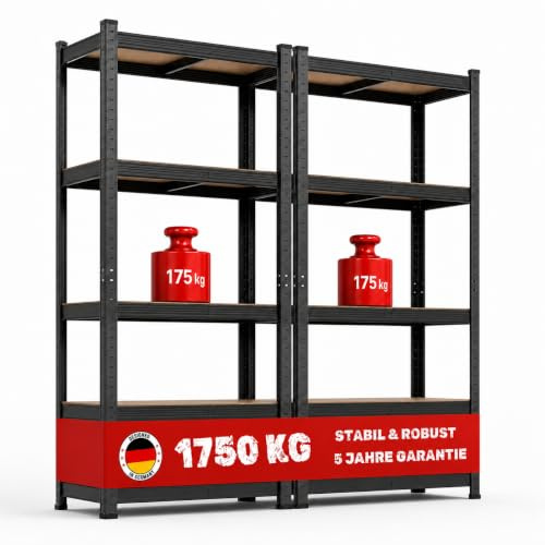 PROREGAL 2X Schwerlastregal Gorilla | HxBxT 180x90x40cm | Fachlast 175kg | Schwarz | Garagenregal Kellerregal Werkstattregal Lagerregal Steckregal